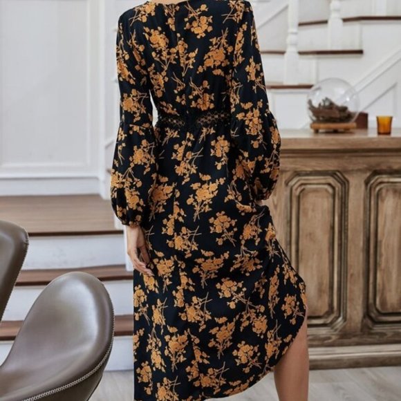 black floral print v neck ruffle long sleeve dress - Picture 6 of 6